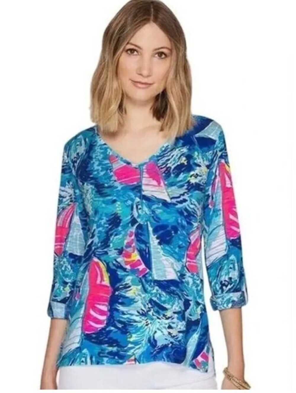 Lilly Pulitzer Jennifer Long Sleeve Top, Hey Bay Bay Pink Blue Sailboat Print